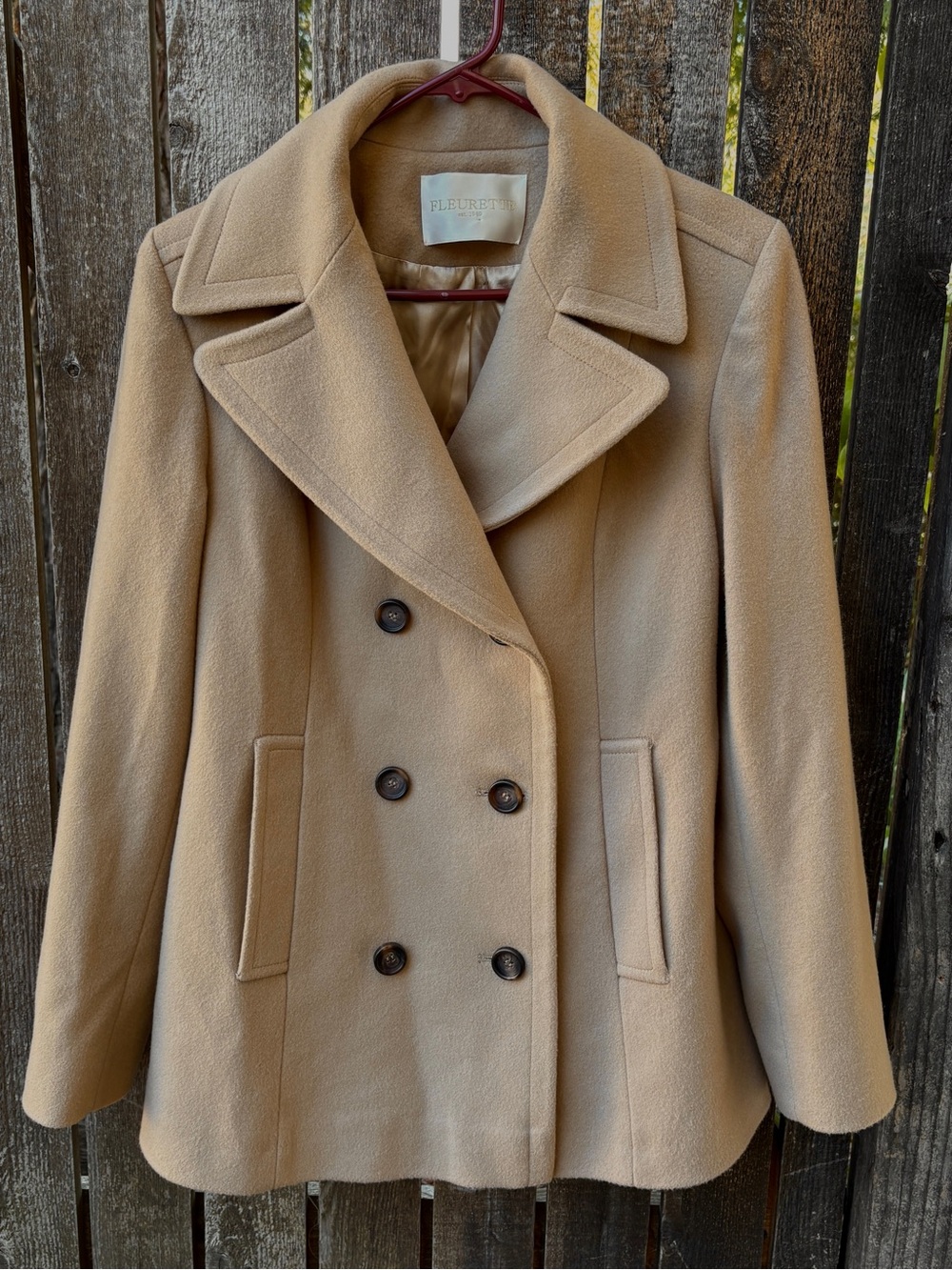 Fleurette Tan Loro Piana Wool Double Breasted Peacoat Jacket Sz 12